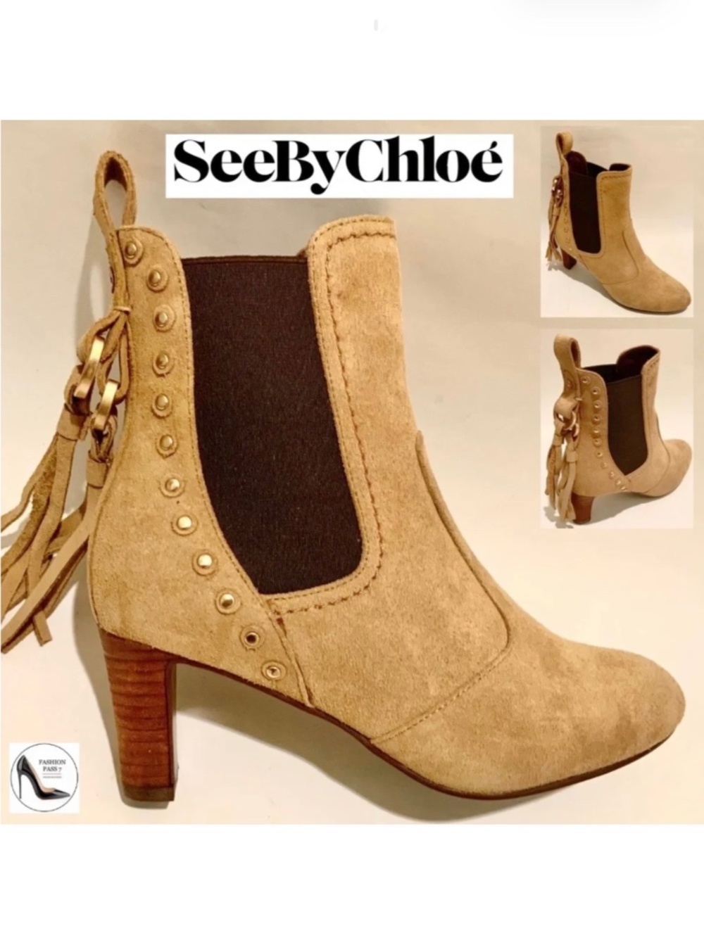 See by Chloé Beige Tan Suede Tasseled Studded Chelsea Ankle Boots Boho Booties